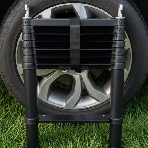 Close-up of Stoke wide-rung telescopic ladder steps showing flat angled rungs for comfortable, grippy footing