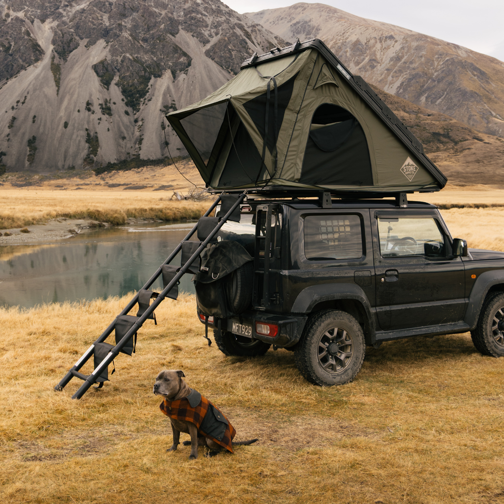 Stoke pet-friendly fabric steps extended from a rooftop tent on a Suzuki Jimny, dog beside the vehicle in the NZ high country