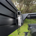 Stoke Quick Release Awning Bracket ratchet latch mounted on roof rack rail with awning arm attached