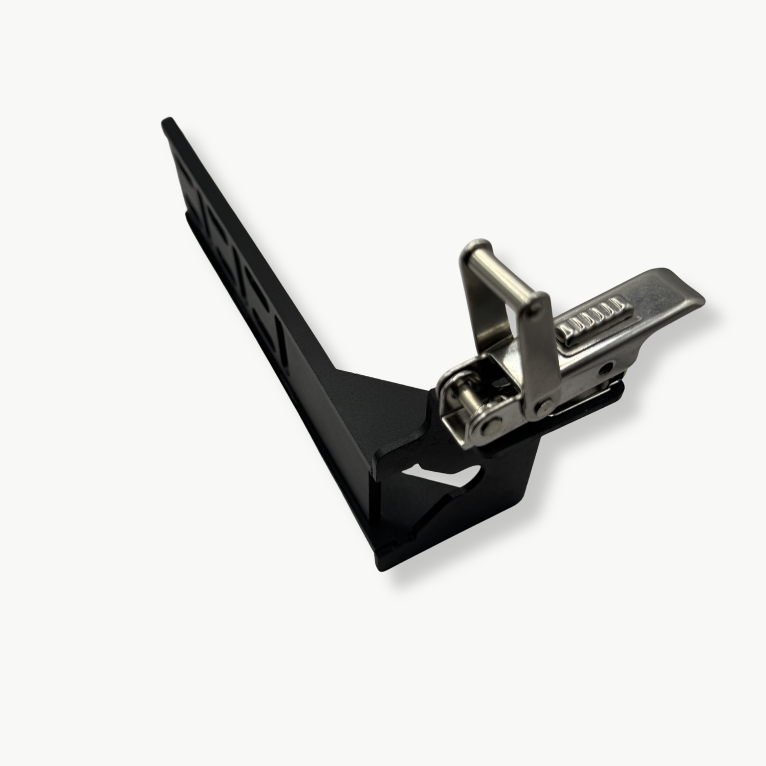 Stoke Quick Release Awning Bracket ratchet latch mechanism close-up, black powder-coated steel