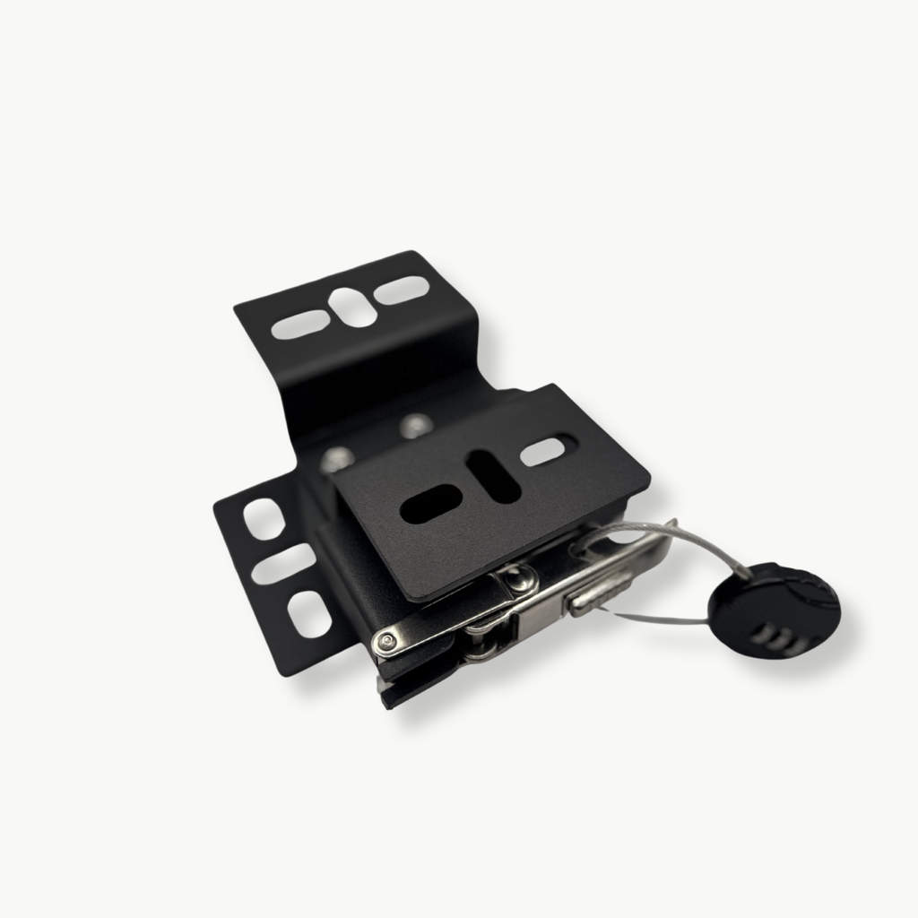 Stoke Quick Release Tent Bracket at a three-quarter angle with cable lock fitted, showing both mounting plates