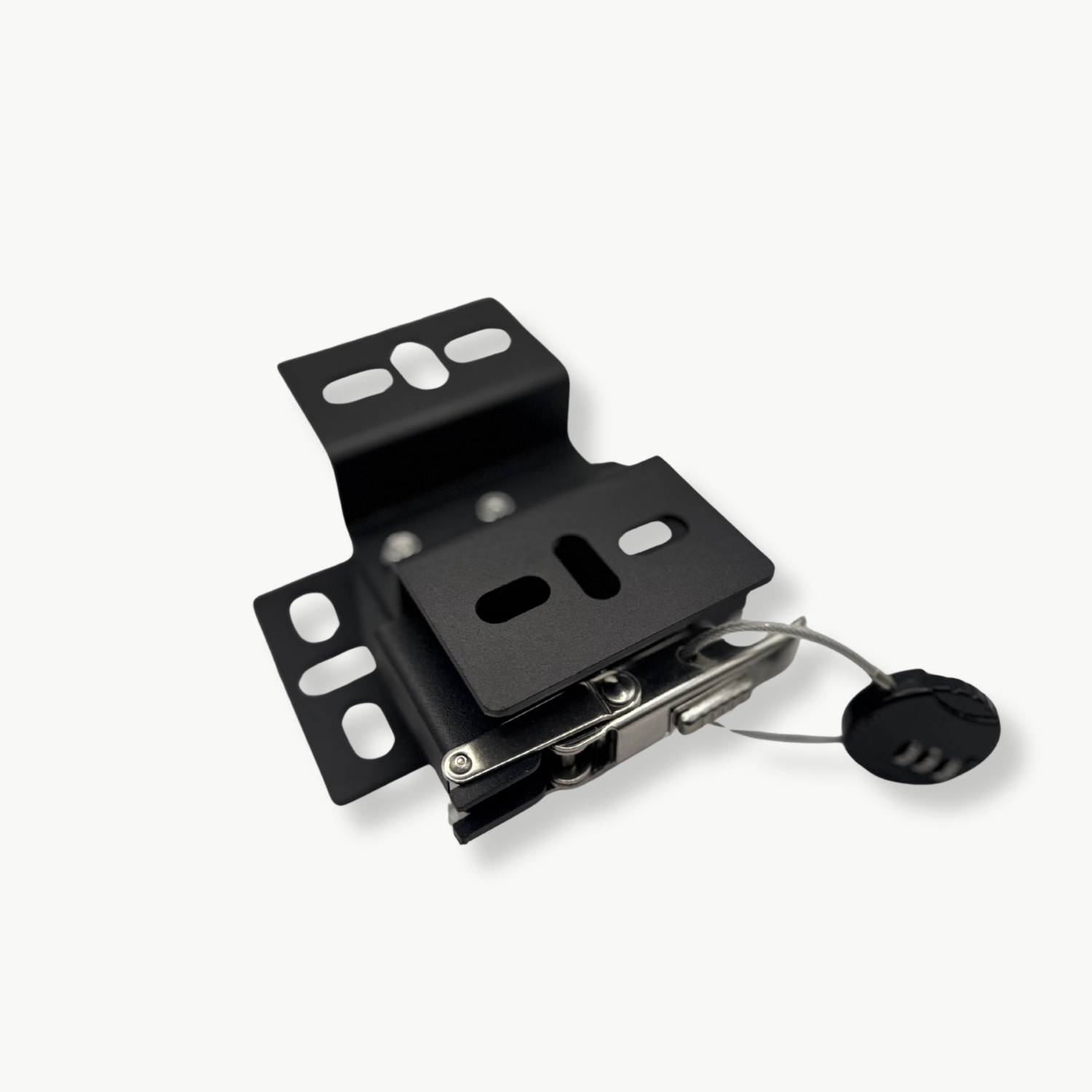 Stoke Quick Release Tent Bracket at a three-quarter angle with cable lock fitted, showing both mounting plates